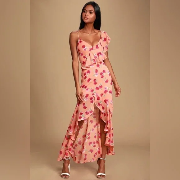 Lulu’s Bloom Forever Coral Orange Floral Print Ruffled High-Low Dress