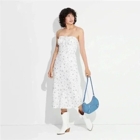 NWT Women's Linen Tube Corset‎ Bodycon Dress - Wild FableAqua Blue Floral