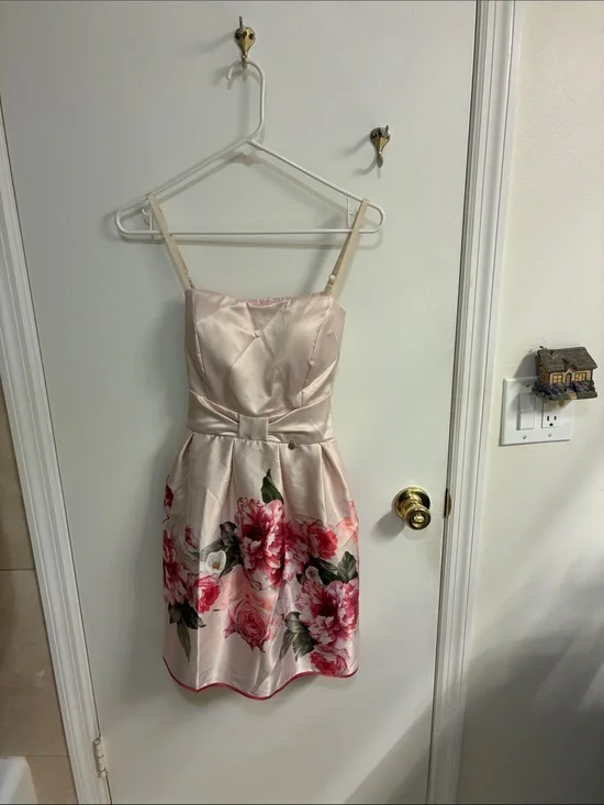 Rinascimento Pink Satin Floral Fit-and-Flare Dress with Pink & Red Blooms Sz M