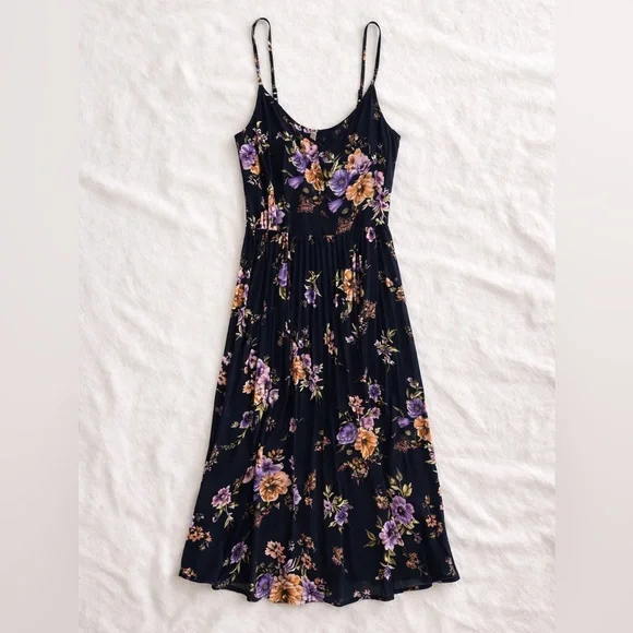 Xhilaration Black Floral Midi Dress XS Purple Blue Spaghetti Strap Boho Summer