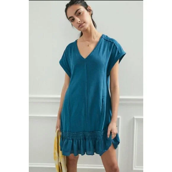 Anthropologie Daily Practice Solana Ruffled Tunic Dress Mini Teal Blue Medium