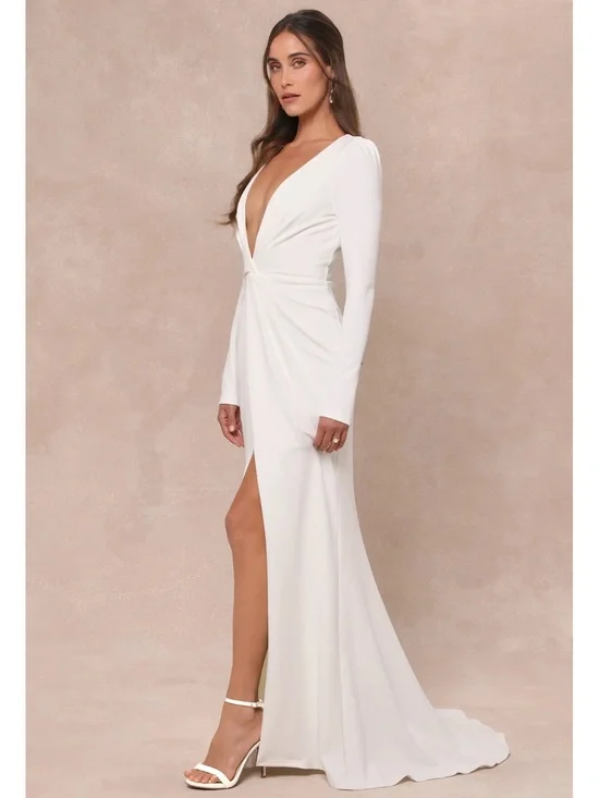 NWT Lulu’s Stunning Romance White Long Sleeve Mermaid Maxi Dress Small Chic