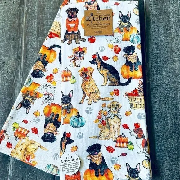 Fall Dogs Autumn Pumpkin Leaves Kitchen Dish Towels Set