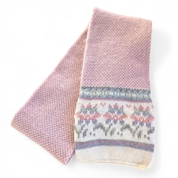 Vintage Hansen Pink and Cream Knit Scarf Floral Border Made In USA