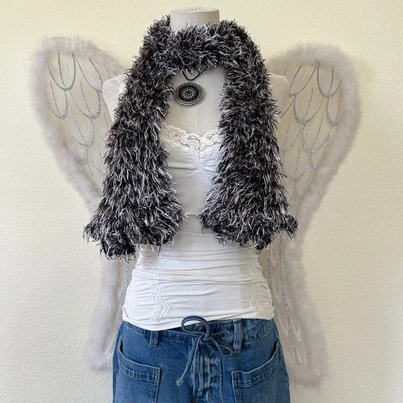 Black and White Fuzzy Eyelash Knit Scarf Soft Textured Y2K Rave Soft Girl Grunge