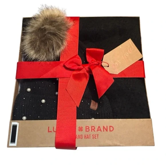NEW Lucky Brand SET Black Scarf + Beanie Hat Tan Pom Pearls Sparkles Cozy Gift