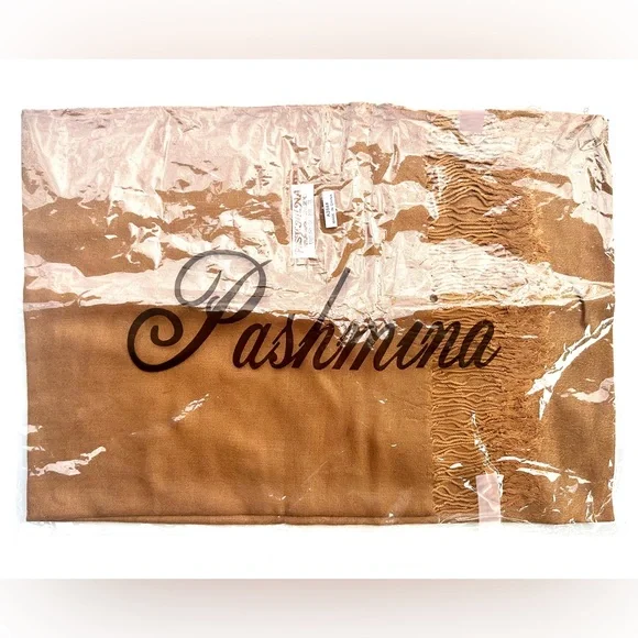 New Pasmina & Silk Tan Shawl Wrap Scarf, 76”x28”