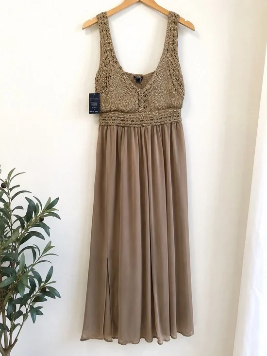 Boston Proper Gold Beaded Maxi Dress L Prom Wedding Guest Evening Gown