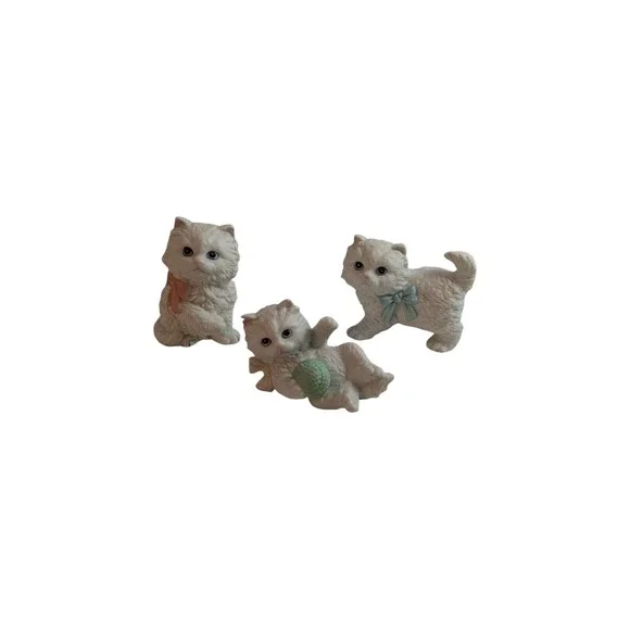 Vintage 3 White Persian‎ Cat Kittens Figurines HOMCO #1410 #1428 Blue Bow