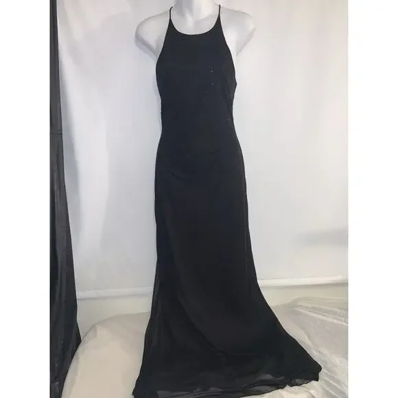 Vintage Y2k Black Whimsygoth Dark Romantic Coquette Halter Maxi Dress Small