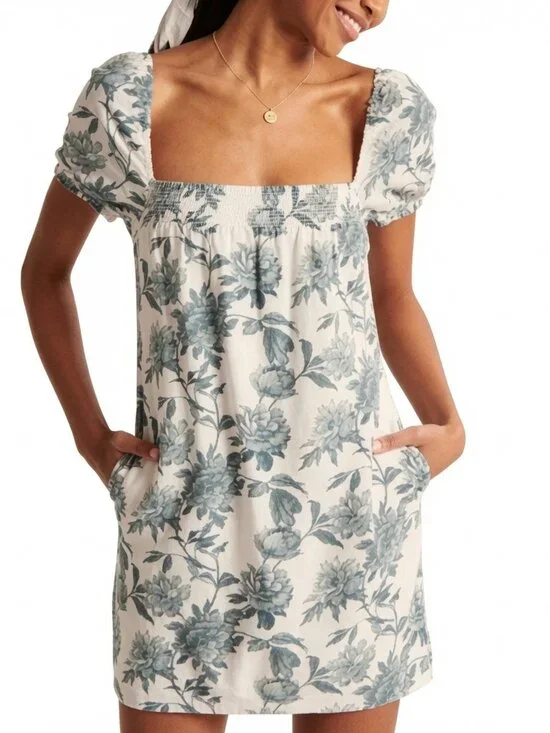 Abercrombie & Fitch Floral Trapeze Mini Dress Puff Sleeve Green White Size Large