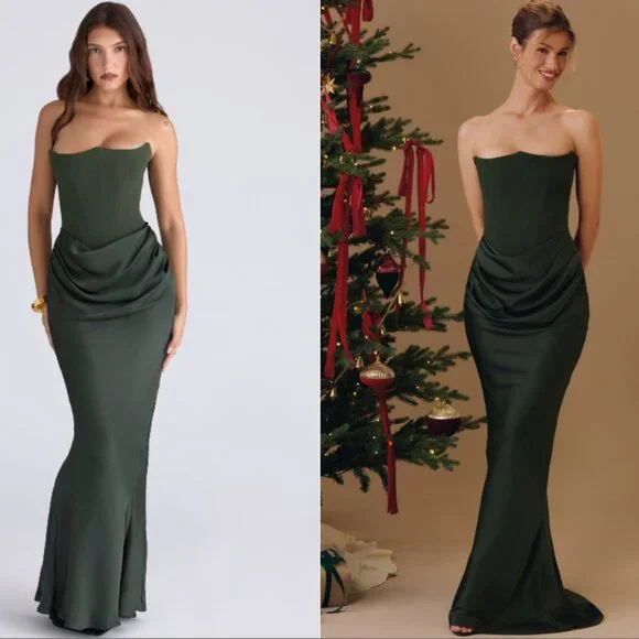 House of CB PERSEPHONE Emerald Green Crepe Strapless Corset Maxi Dress NWOT