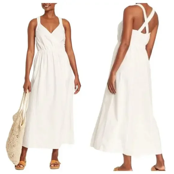 NEW Universal Thread Linen Rayon Cross Back Maxi Dress Summer Smocked White Sz S