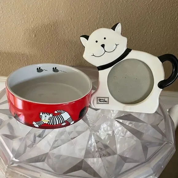 Whisker City Mice Cat Dish & Vintage Dept 56 80’s Cat Frame