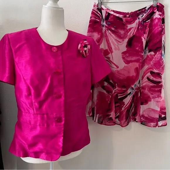 Danny & Nicole Skirt And Blouse Sz 10 Pink Top With Floral Skirt Career Church