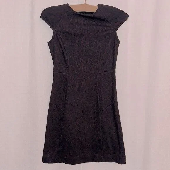 Ann Taylor 00P Wine Black Damask Cap Sleeve Back Zip Floral Textured Shift Dress