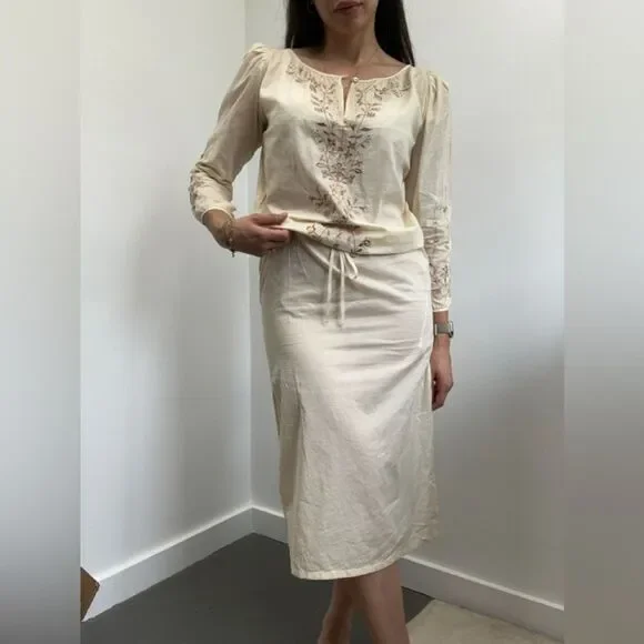 Vintage 90’s Express Beige Boho Embroidered Cotton Midi Long Sleeve Dress XS