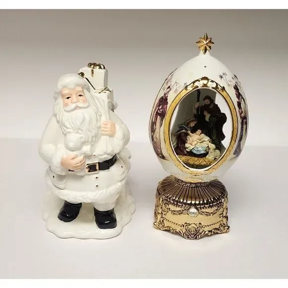 Home For The Holiday Porcelain Egg-Shaped Musical Box Revolving Nativity/Santa