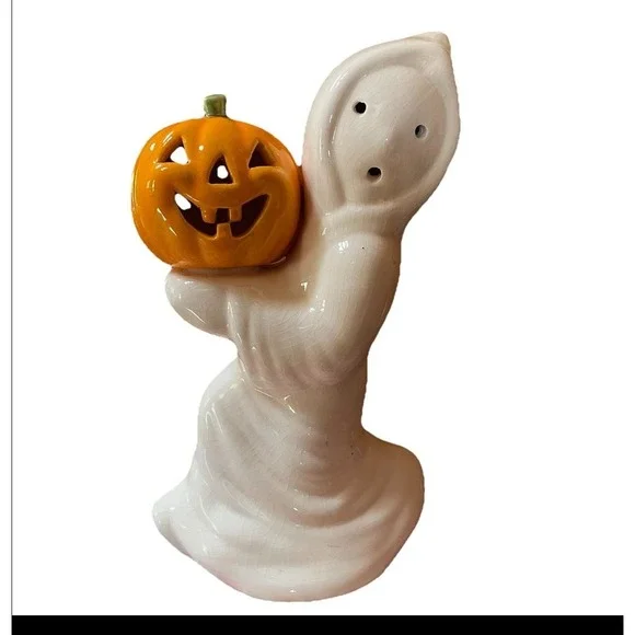 Vtg Ceramic‎ Halloween Ghost Holding Jack O' Lantern Pumpkin ~14
