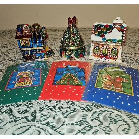 Set of 3 Mr. Christmas Animated Porcelain Hinged Trinket Music Boxes