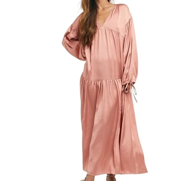 ASOS Design Women Dusty Pink Satin Tiered Smock Maxi Dress V-Neck Size 8 UK 12