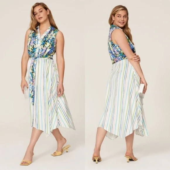 Badgley Mischka Floral Stripe Midi Dress 8 Tie Waist Sleeveless resort