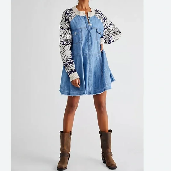 Free People Button Front Mini with‎ Sweater Piecing Dominic Dress