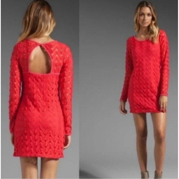 Free People Red Crochet Open Back Chevron Mini Dress Long‎ Sleeve Size L w/liner