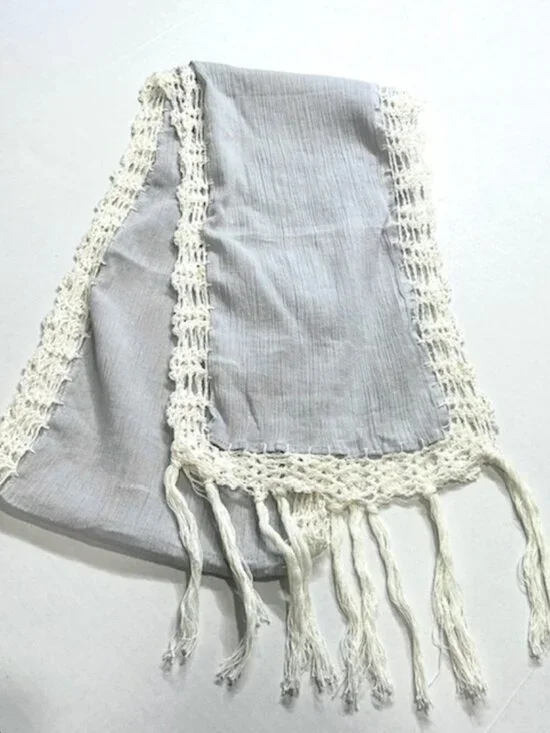 Womens Cotton Gauze Knit Scarf Crochet Trim with Tassles Light Blue & White 74