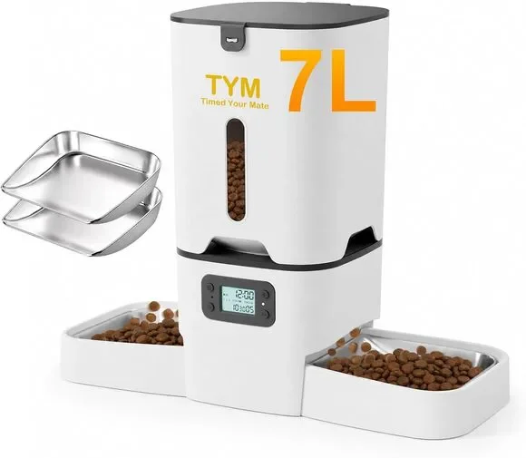 TYM Automatic Cat Feeder 2 Cats, 7L Cat Dry Food Dispenser with Double Bowls