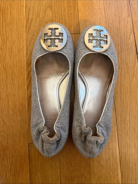Tory Burch Light Gray Suede Logo Ballet Flats
