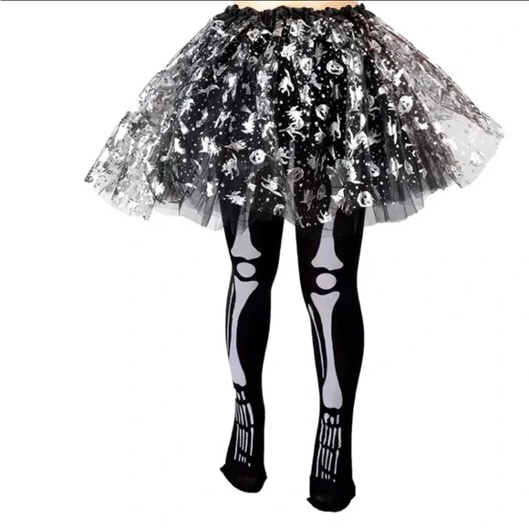 NWT Girls Halloween Footed Tights-Skelton Print