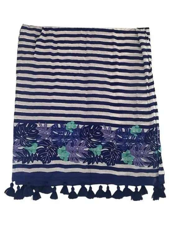 Vineyard Vines Blue & White Striped Floral Summer Scarf Tassels Lightweight