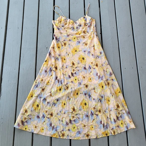 Petal and Pup‎ Yellow Floral Midi Dress XL Bustier Bodice A-line Silhouette