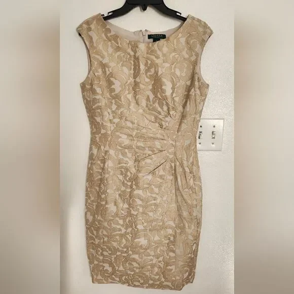 Lauren Ralph Lauren Gold Floral Jackguard Rushed Dress Size 6