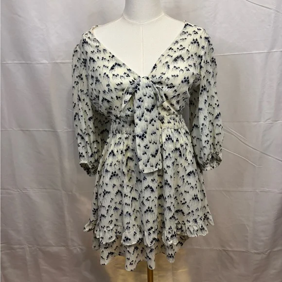 French Kiss Cream Blue Floral Tie Front Ruffle Mini Dress‎ Small