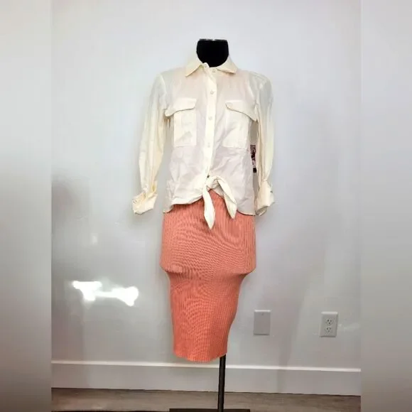 Women's XS Outfit Ribknit Bodycon Dress Linen Button Waist Tie Shirt Pink White