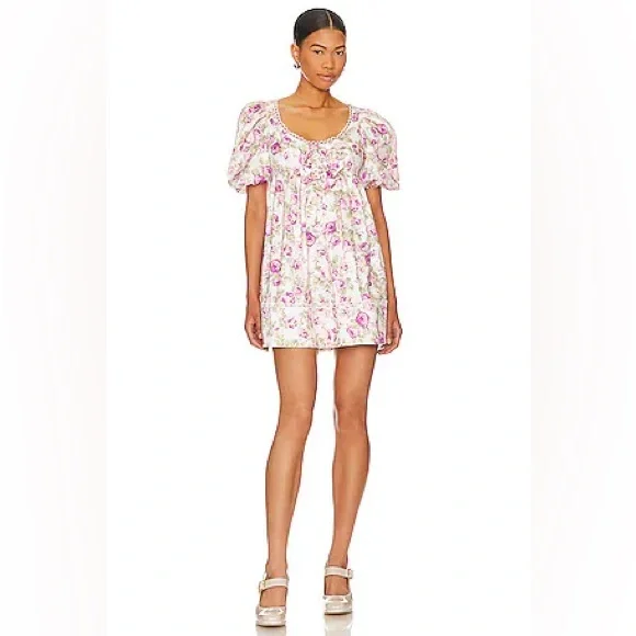 For Love And Lemons Milani Floral Puff Sleeve Mini Dress, White/Multi