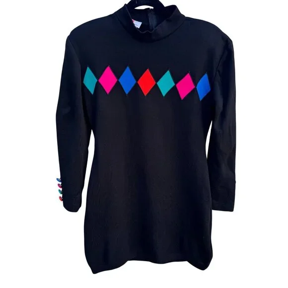 Scarlett Knits Vintage 80s Harlequin Diamond Art Deco Kitsch Mini Dress Black S