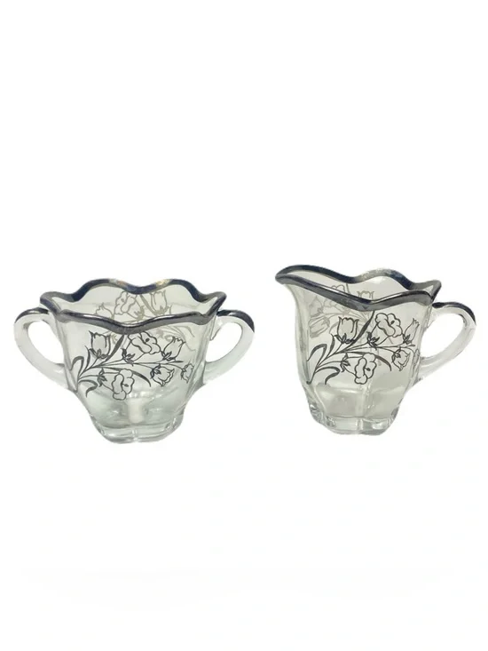 Vintage Duncan & Miller Canterbury‎ Sugar & Creamer Set Floral Silver Rim