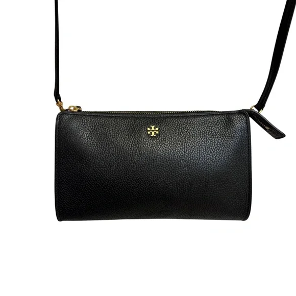 Tory Burch black leather small zip top bag