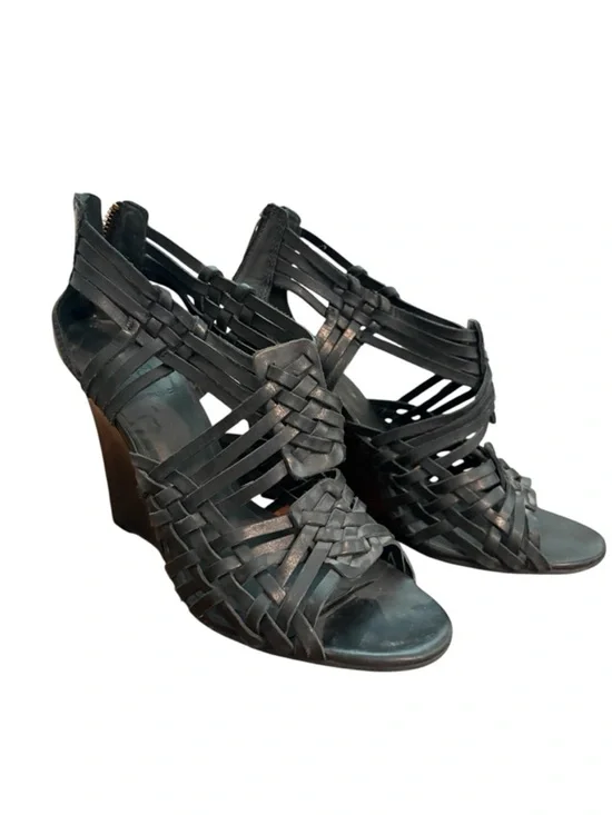 Tory Burch Strappy Woven Leather Wedges Black 9