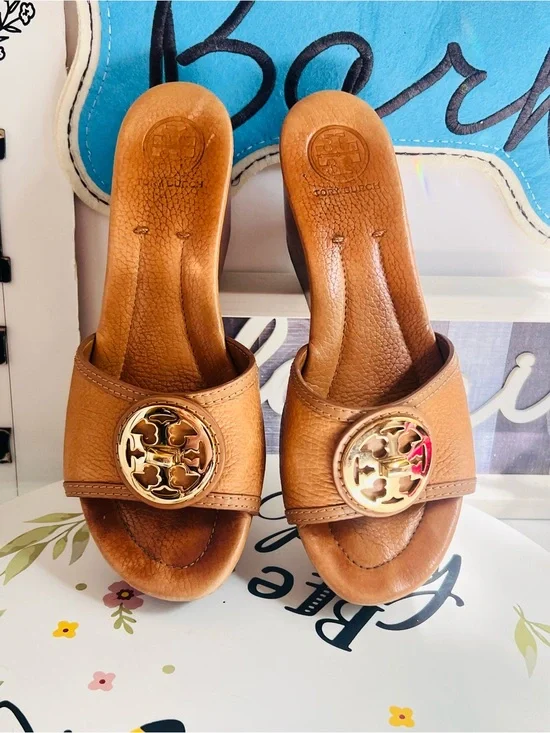 Tory Burch Cognac Leather Slide Mules with Gold Logo size 8M