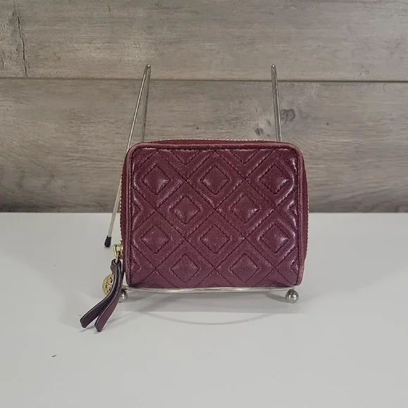 Tory Burch Burgundy Quilted Diamond Zip Wallet