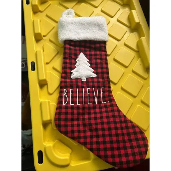 New! Rae Dunn BELIEVE Buffalo Plaid Stocking
