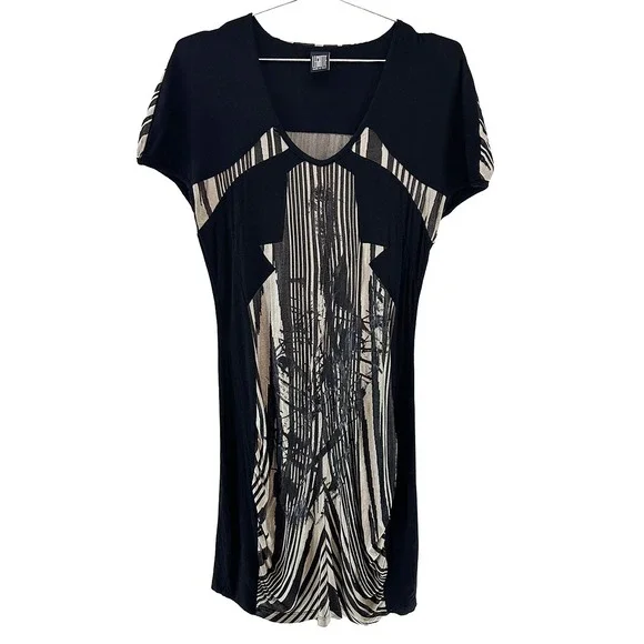 LEGATTE Vintage Designer Y2K‎ Abstract Jersey Midi Dress • 14 • black, beige