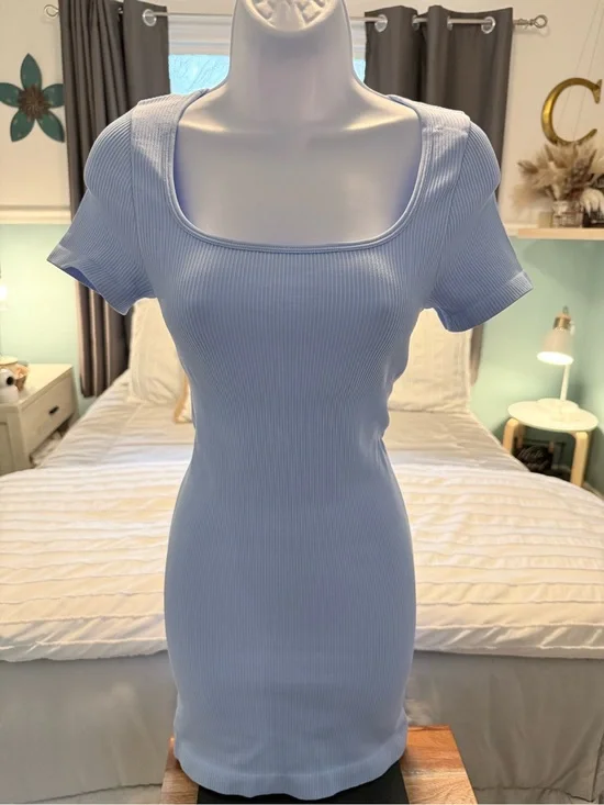 OQQ Ribbed Stretch Mini Dress in Periwinkle Blue Waist Cinching