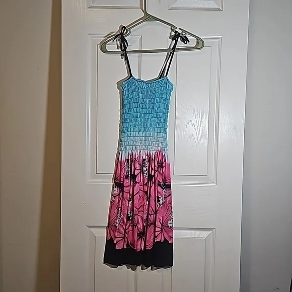 Tropical Print Elastic Top Dress Adjustable Shoulder Ties Size M