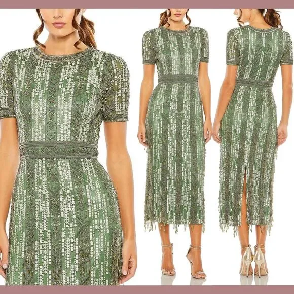 NWT Mac Duggal [ 8 ] 5980 High Neck Short‎ Sleev Crystal Fringe Dress Sage Q931