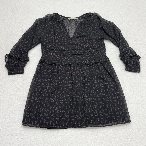 Zara Basic Black Floral Chiffon Mini Dress XS‎ Sheer Long Sleeve Ruffle Trim